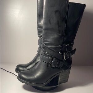 MIA Gareth Strappy Moto Slip-On Block Heel Boots Size 9 Faux Leather EUC